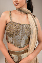 Champagne Gold Tissue Co-ord Set with Heavily Hand-Beaded Bustier and Fluid Sheer Dupatta