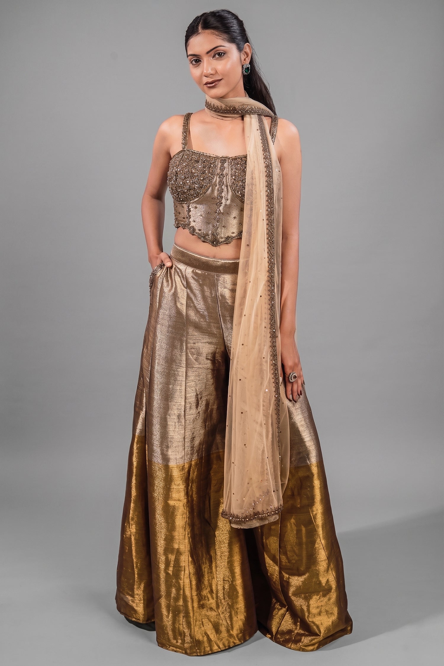 Champagne Gold Tissue Co-ord Set with Heavily Hand-Beaded Bustier and Fluid Sheer Dupatta Main image