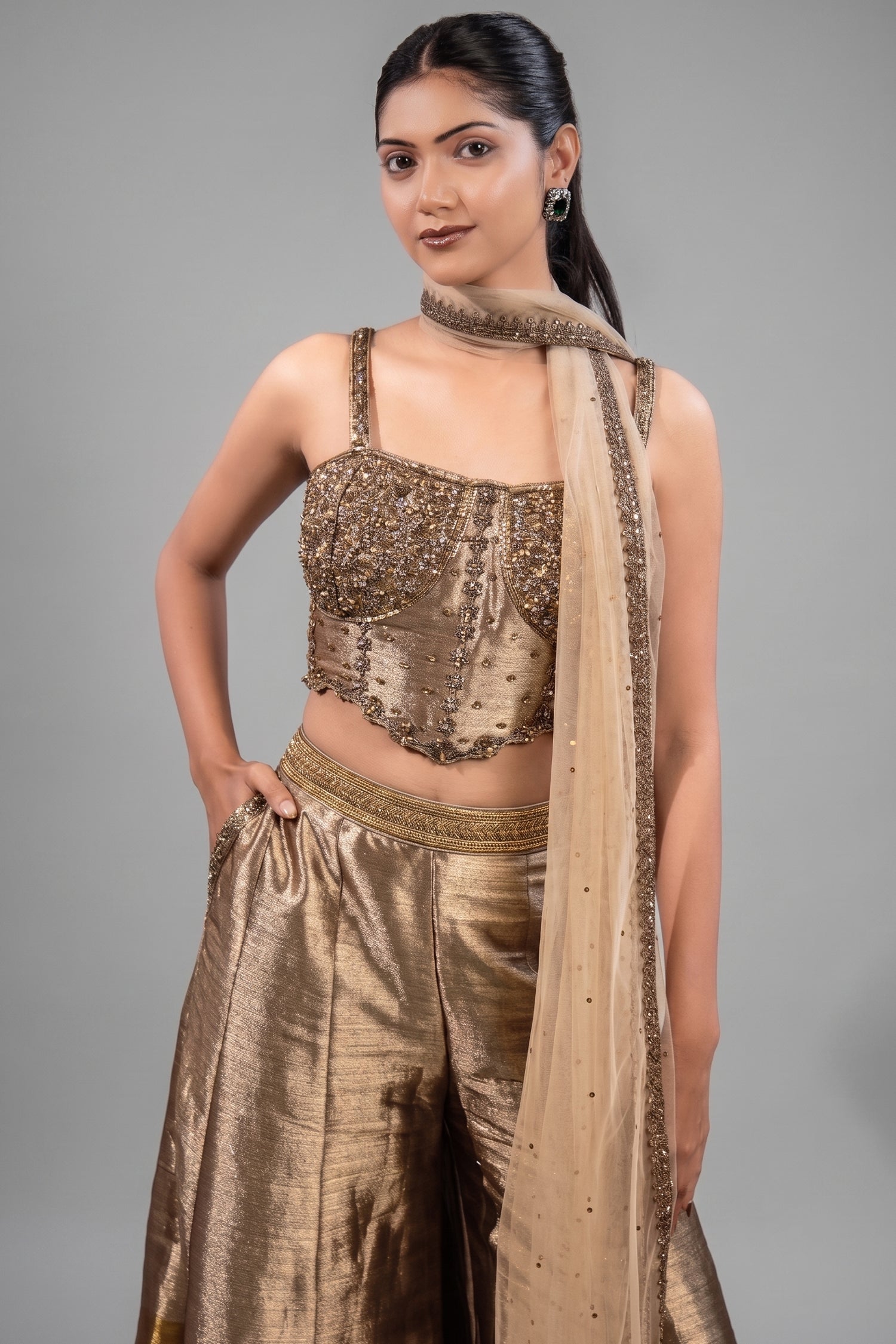 Champagne Gold Tissue Co-ord Set with Heavily Hand-Beaded Bustier and Fluid Sheer Dupatta Secondary image
