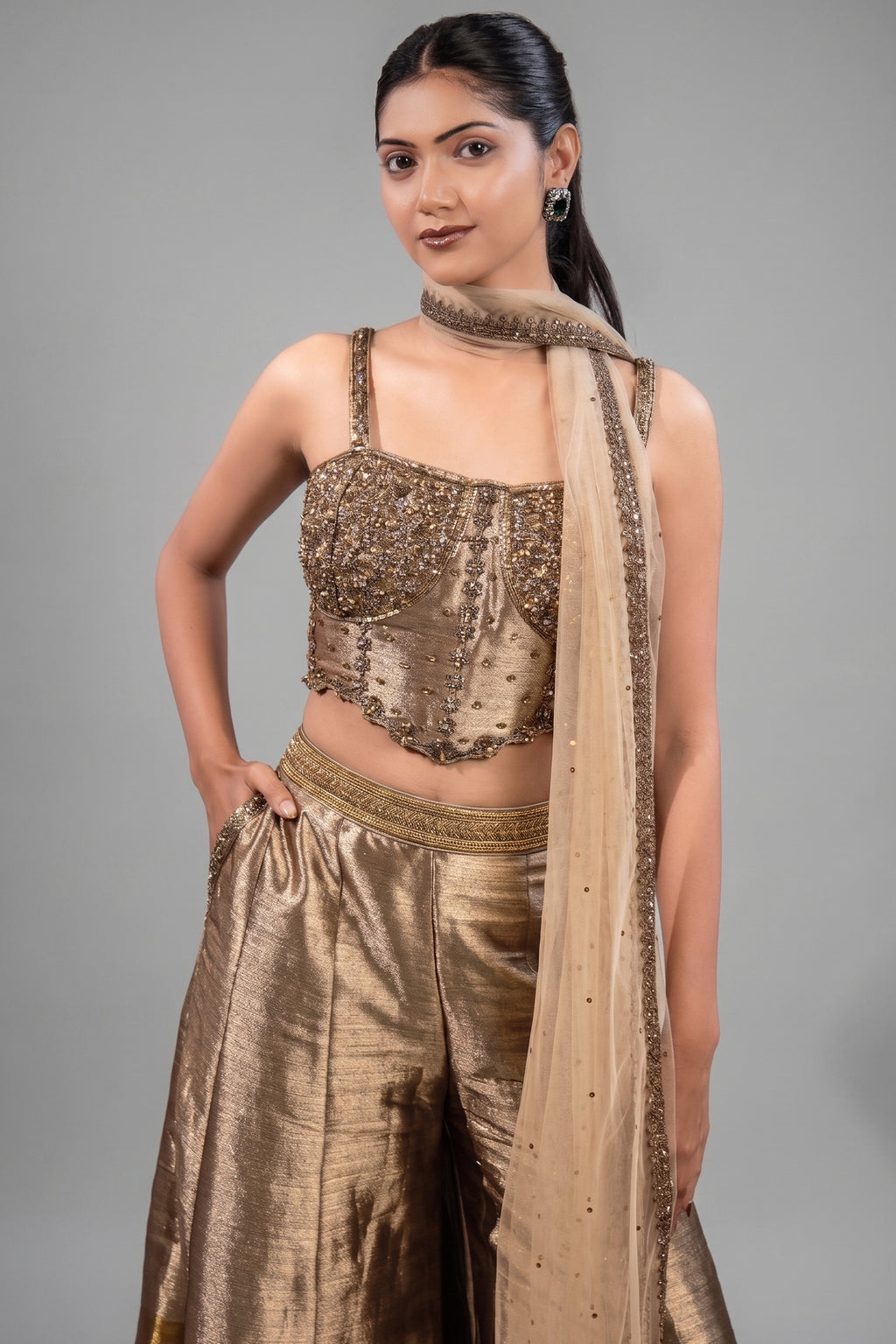 Champagne Gold Tissue Co-ord Set with Heavily Hand-Beaded Bustier and Fluid Sheer Dupatta