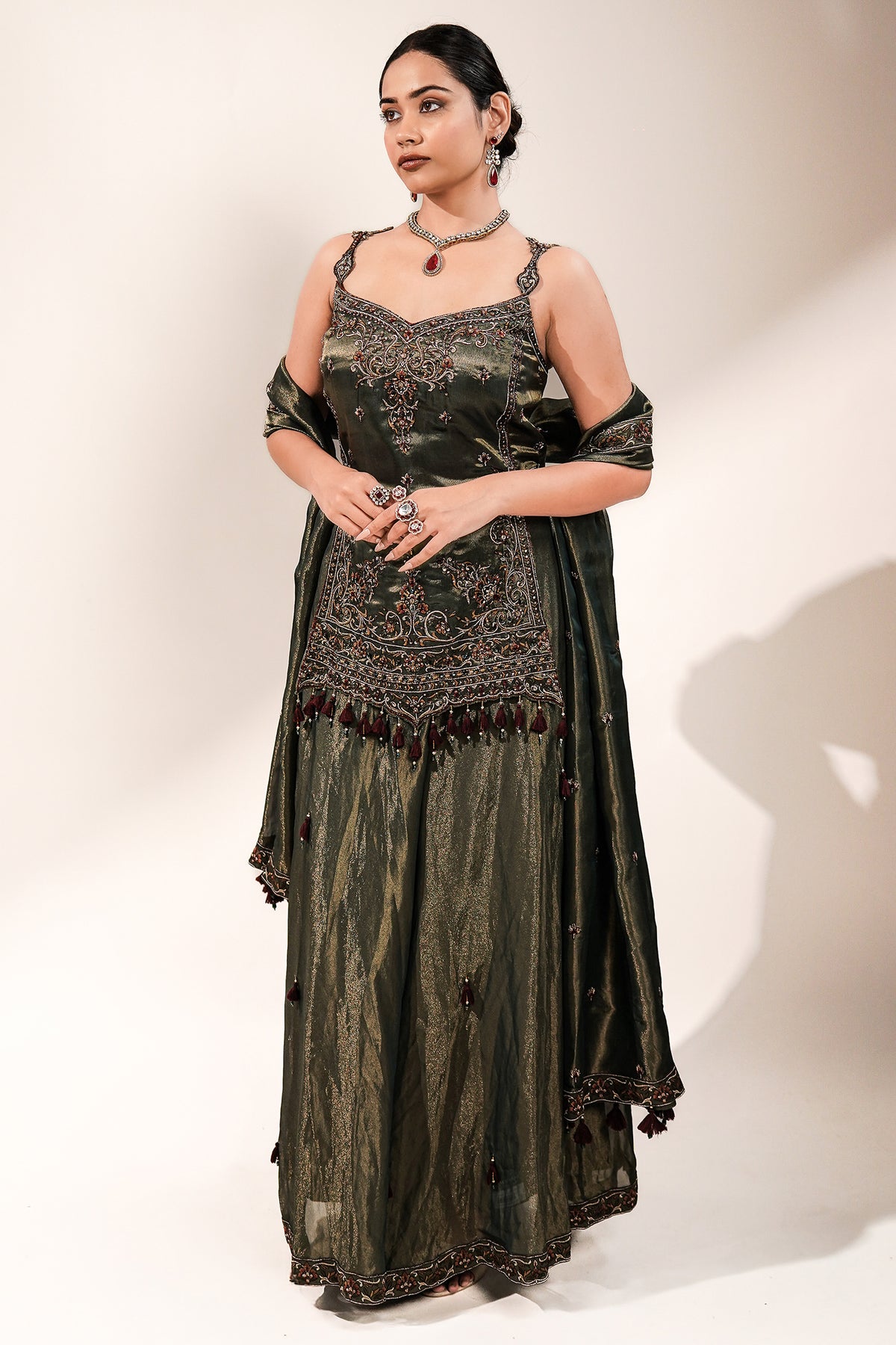 Deep Olive Green Metallic Tissue Tunic and Skirt Ensemble with Ornate Zardosi and Beadwork Bodice