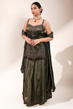 Deep Olive Green Metallic Tissue Tunic and Skirt Ensemble with Ornate Zardosi and Beadwork Bodice