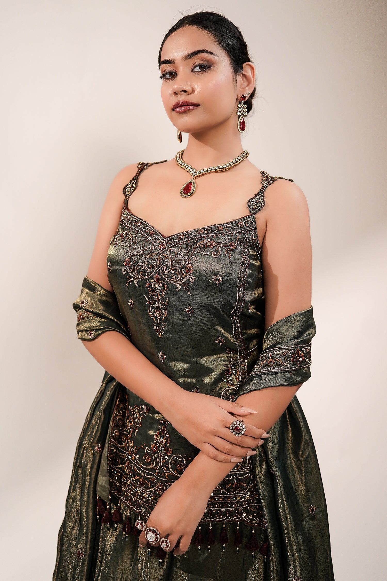 Deep Olive Green Metallic Tissue Tunic and Skirt Ensemble with Ornate Zardosi and Beadwork Bodice