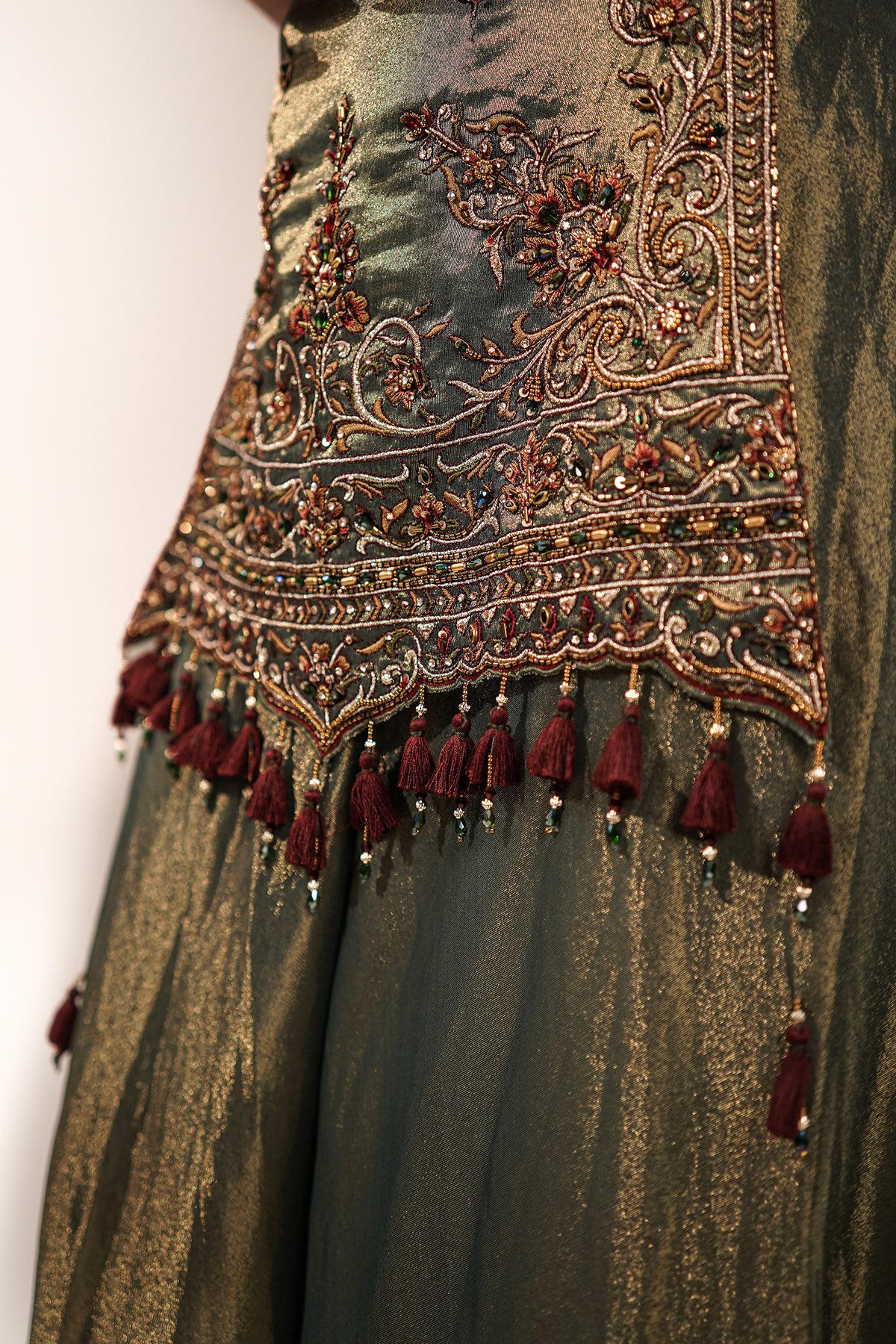 Deep Olive Green Metallic Tissue Tunic and Skirt Ensemble with Ornate Zardosi and Beadwork Bodice