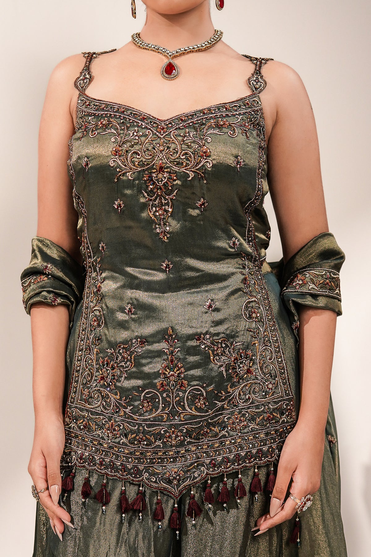 Deep Olive Green Metallic Tissue Tunic and Skirt Ensemble with Ornate Zardosi and Beadwork Bodice