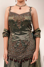 Deep Olive Green Metallic Tissue Tunic and Skirt Ensemble with Ornate Zardosi and Beadwork Bodice
