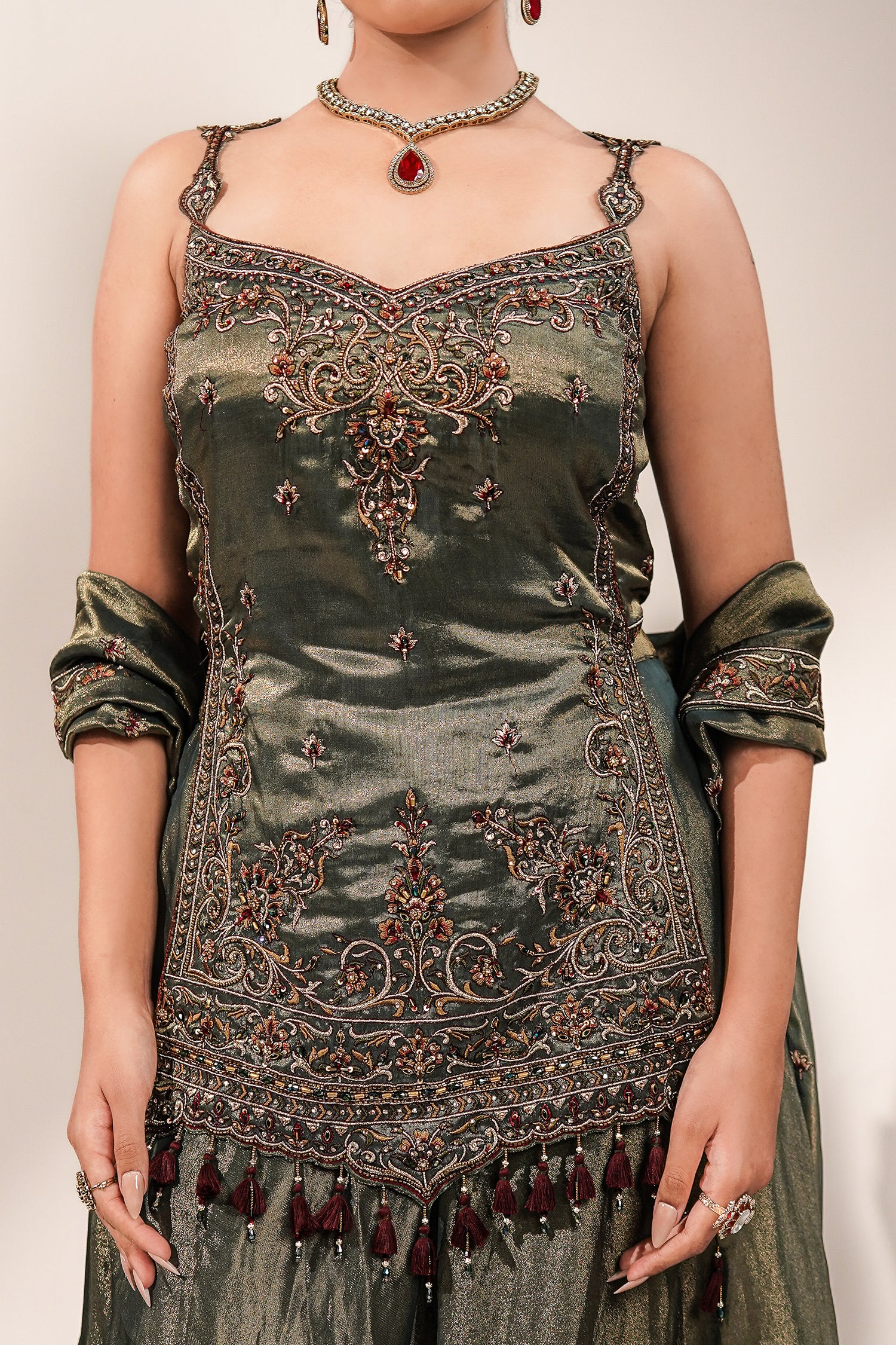 Deep Olive Green Metallic Tissue Tunic and Skirt Ensemble with Ornate Zardosi and Beadwork Bodice