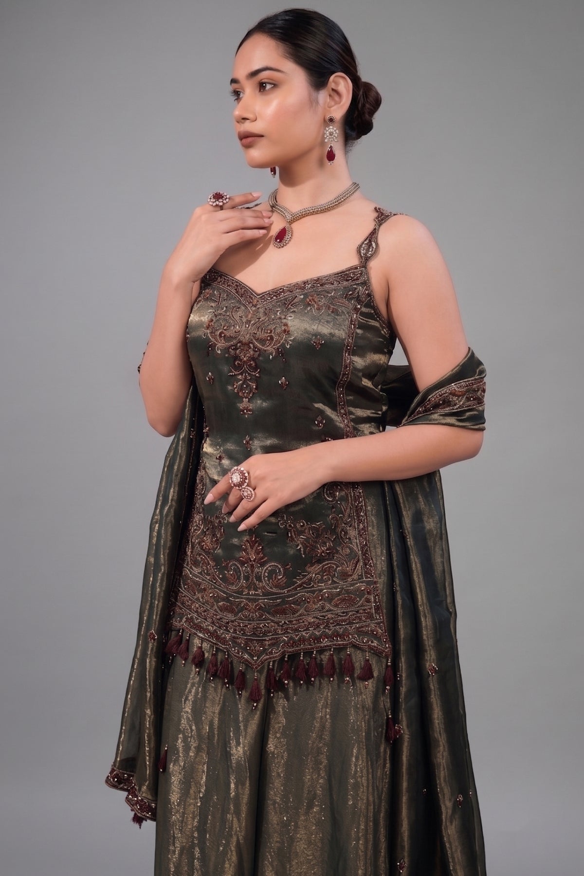 Deep Olive Green Metallic Tissue Tunic and Skirt Ensemble with Ornate Zardosi and Beadwork Bodice