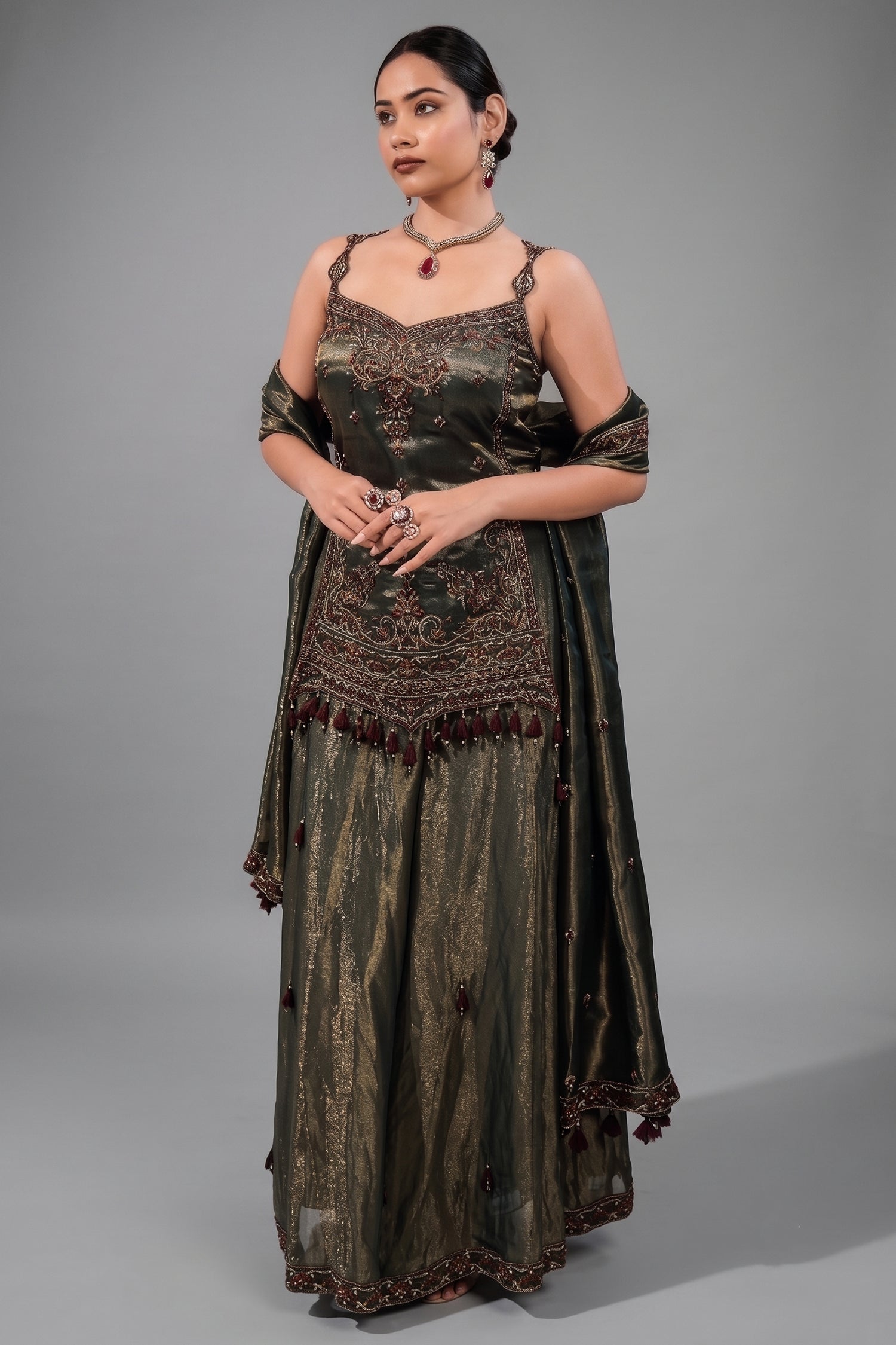 Deep Olive Green Metallic Tissue Tunic and Skirt Ensemble with Ornate Zardosi and Beadwork Bodice Main image