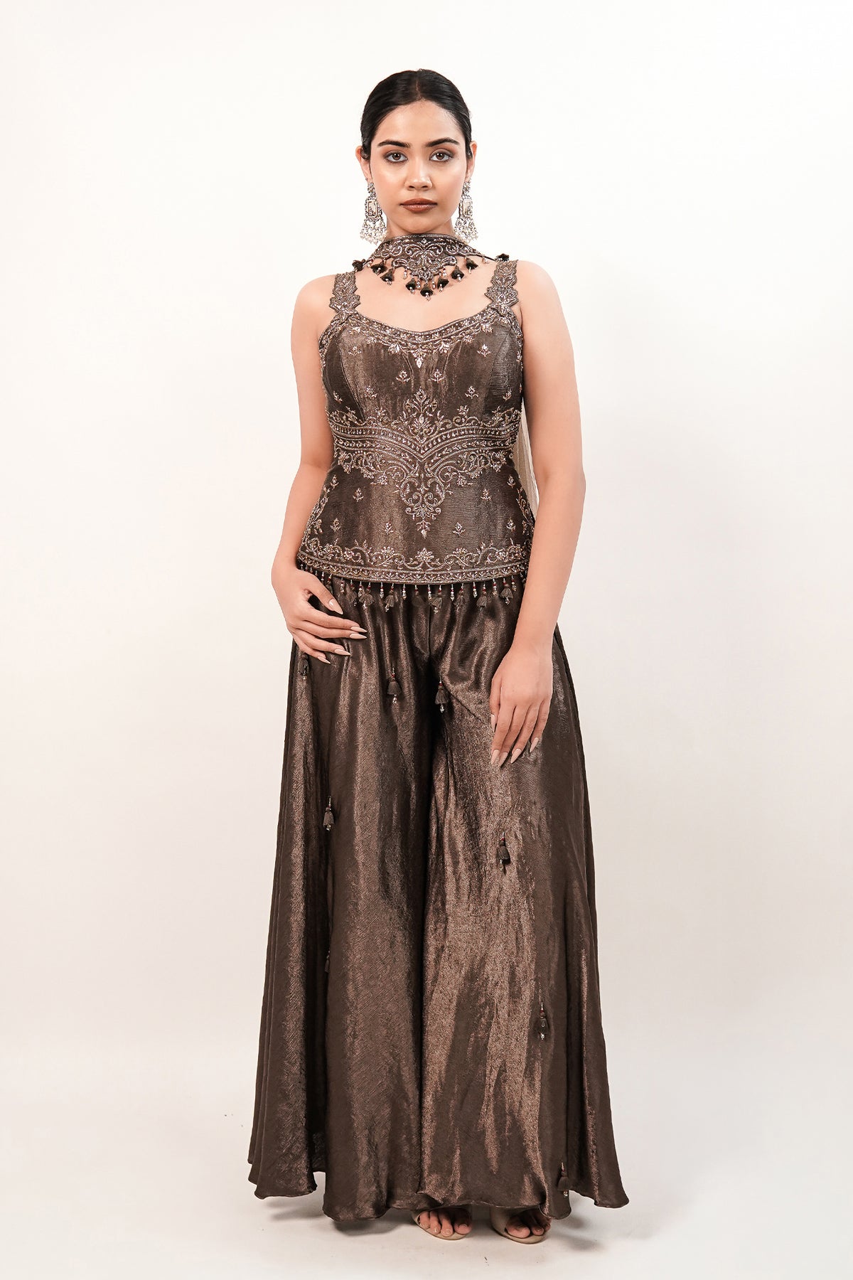 Chocolate Brown Silk Fusion Set featuring Crystal-Embellished Bodice and Sheer Net Dupatta