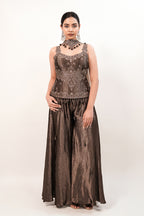 Chocolate Brown Silk Fusion Set featuring Crystal-Embellished Bodice and Sheer Net Dupatta