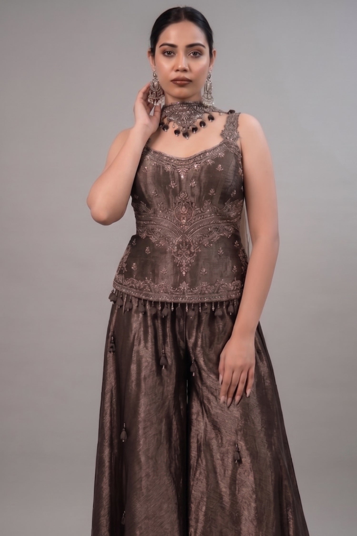 Chocolate Brown Silk Fusion Set featuring Crystal-Embellished Bodice and Sheer Net Dupatta Secondary image
