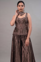 Chocolate Brown Silk Fusion Set featuring Crystal-Embellished Bodice and Sheer Net Dupatta