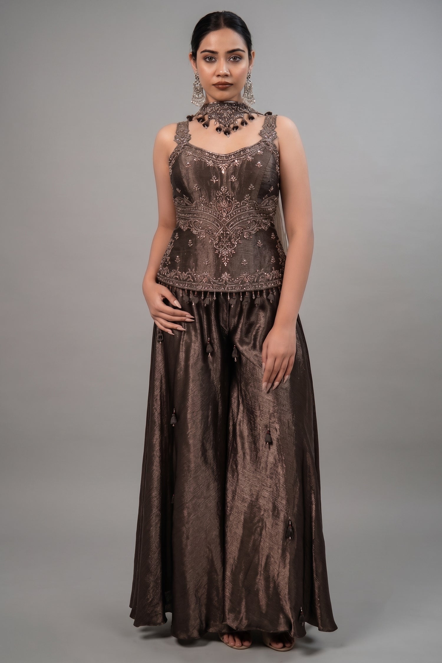 Chocolate Brown Silk Fusion Set featuring Crystal-Embellished Bodice and Sheer Net Dupatta Main image