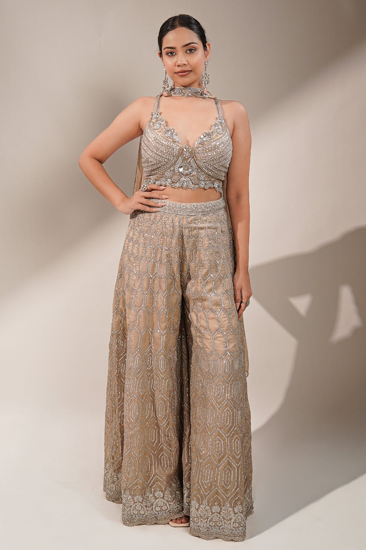 Champagne Beige Embellished Bustier with Sheer Organza Wide-Leg Pants and Sequined Border Dupatta