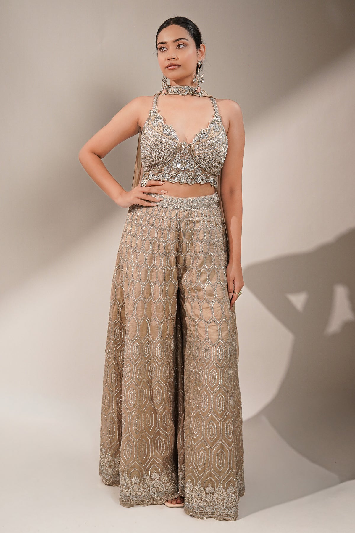 Champagne Beige Embellished Bustier with Sheer Organza Wide-Leg Pants and Sequined Border Dupatta