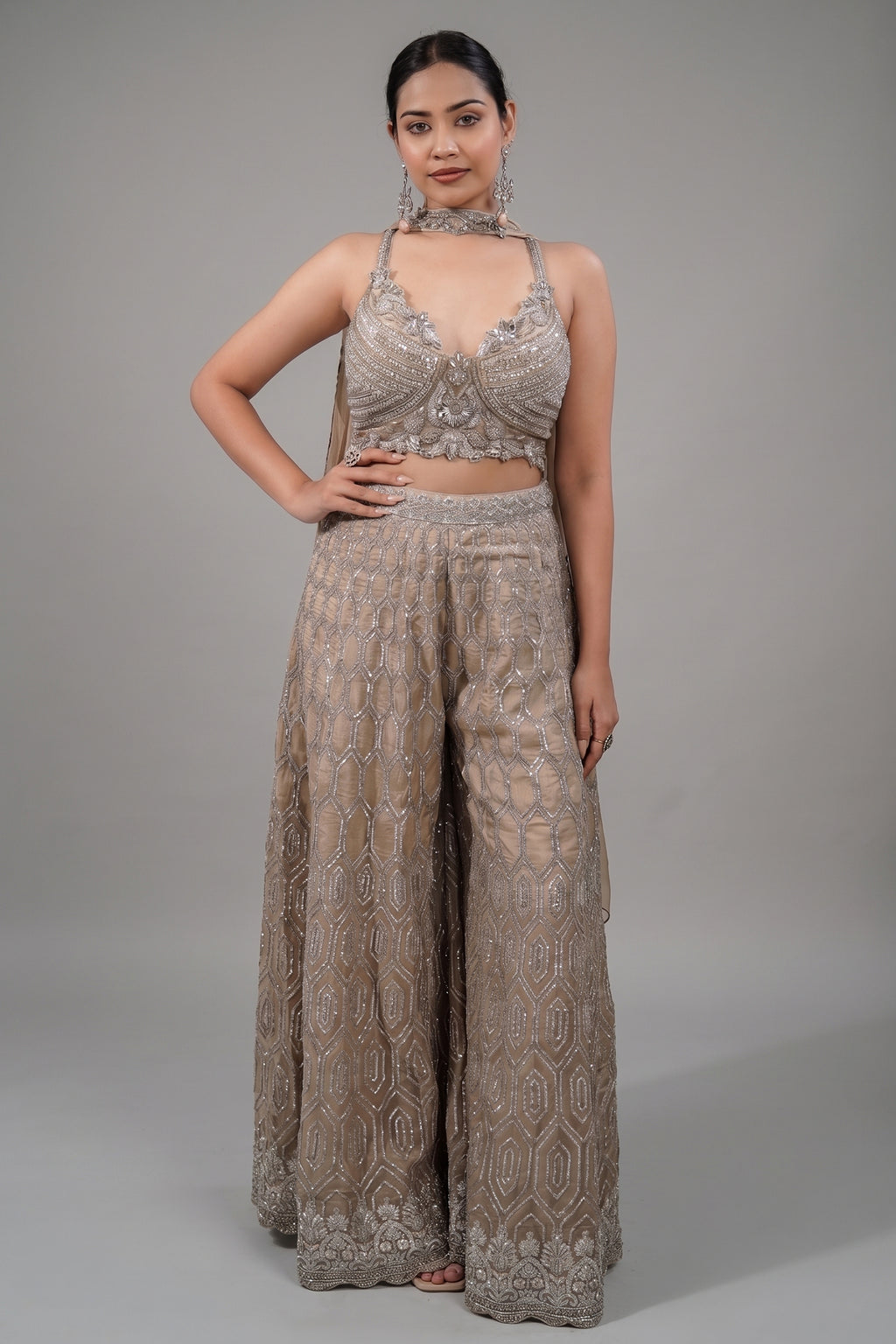 Champagne Beige Embellished Bustier with Sheer Organza Wide-Leg Pants and Sequined Border Dupatta