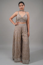 Champagne Beige Embellished Bustier with Sheer Organza Wide-Leg Pants and Sequined Border Dupatta