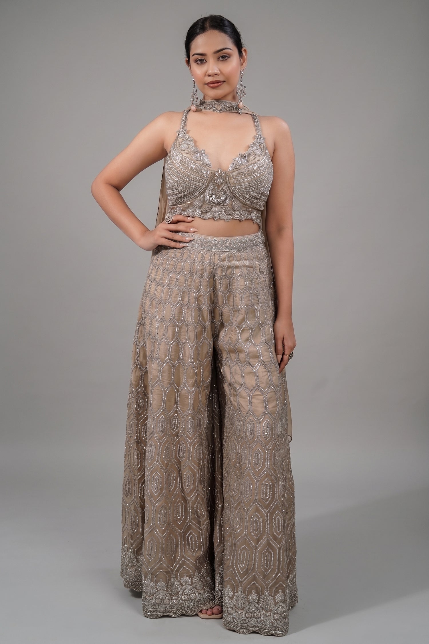 Champagne Beige Embellished Bustier with Sheer Organza Wide-Leg Pants and Sequined Border Dupatta