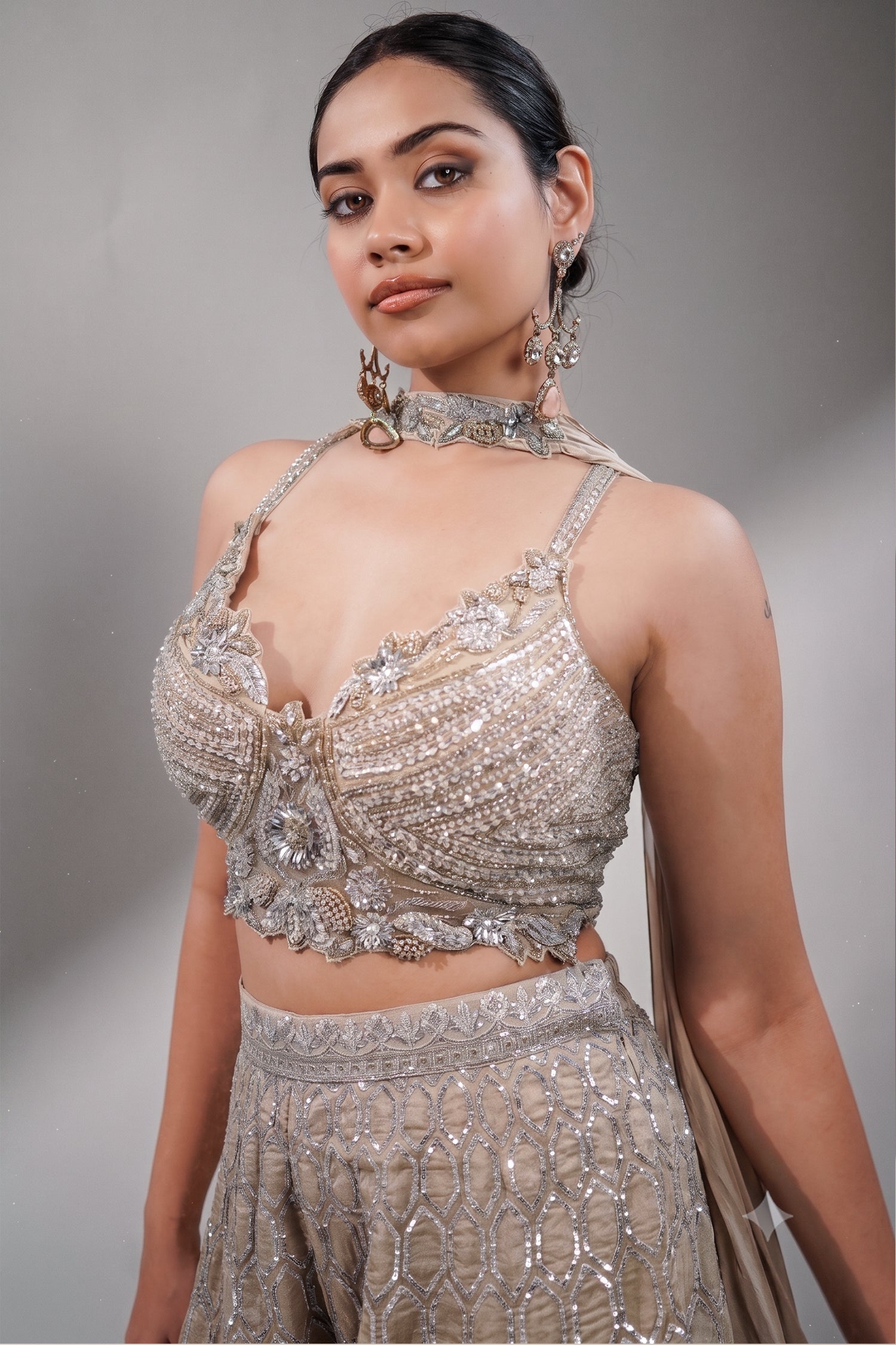 Champagne Beige Embellished Bustier with Sheer Organza Wide-Leg Pants and Sequined Border Dupatta Secondary image