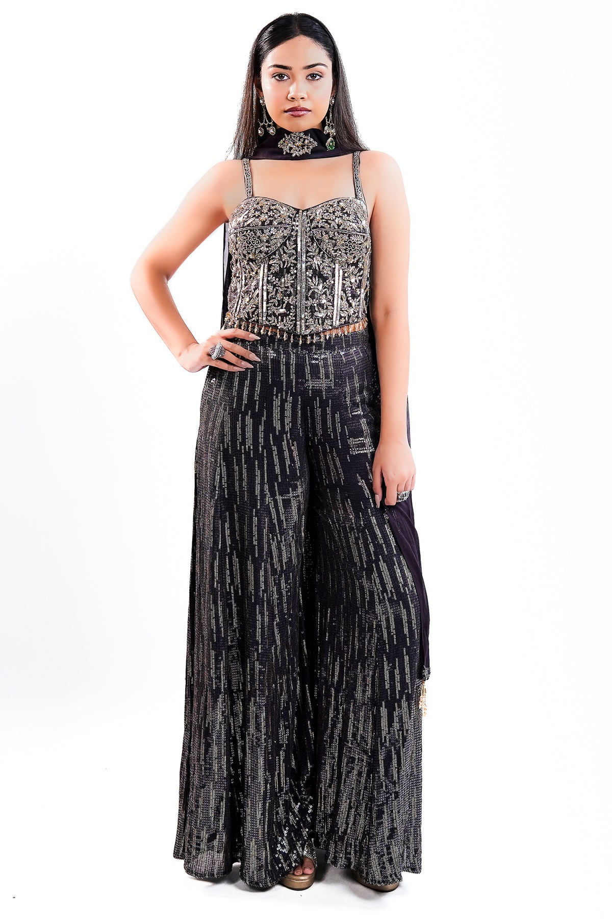 Deep Plum Georgette Fusion Set featuring Handcrafted Cutdana Bustier and Choker-Style Dupatta
