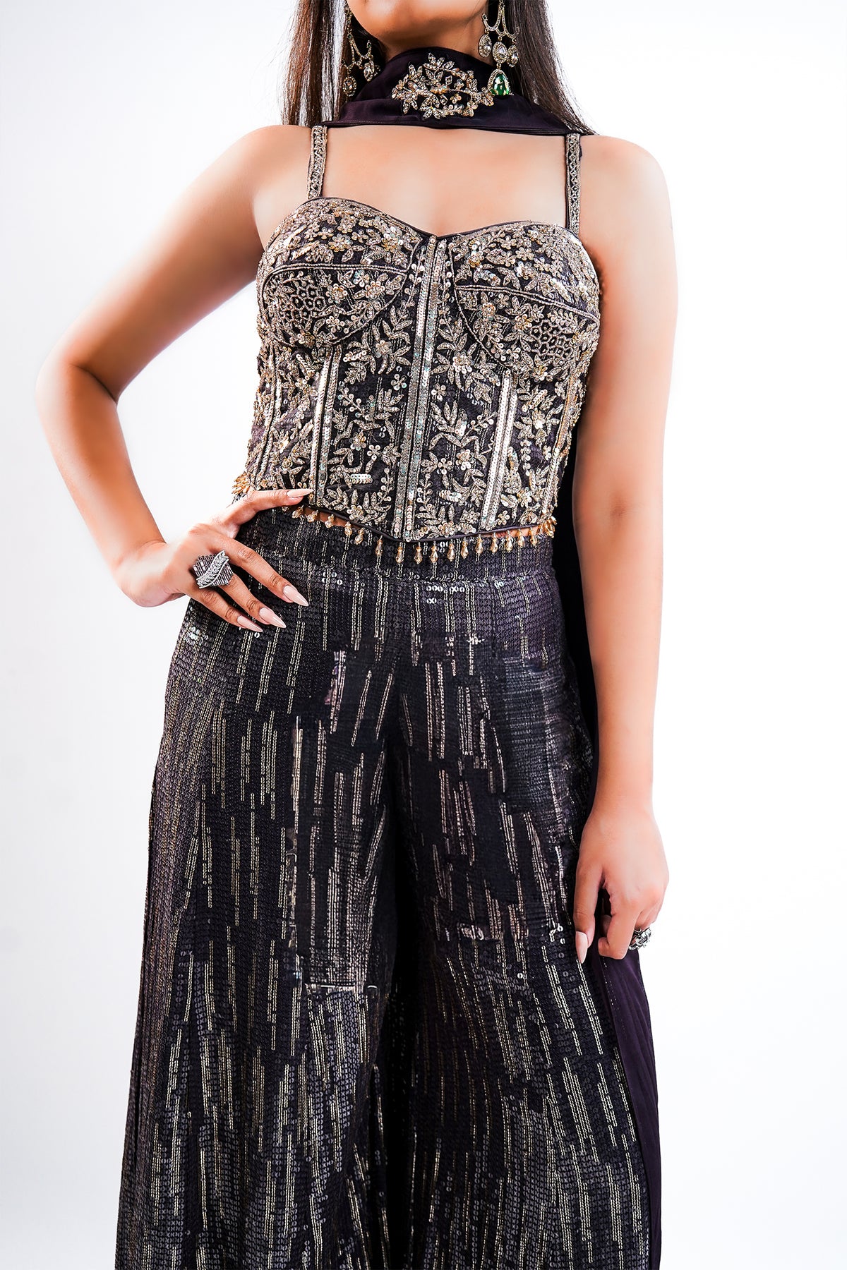 Deep Plum Georgette Fusion Set featuring Handcrafted Cutdana Bustier and Choker-Style Dupatta