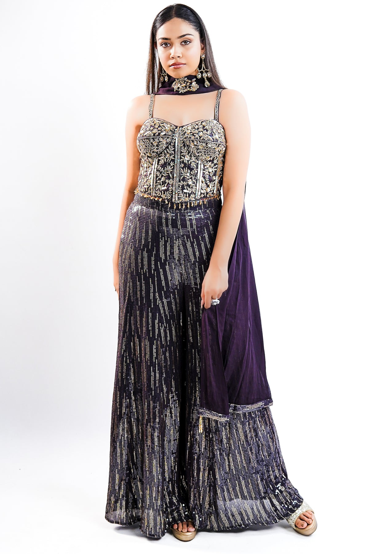 Deep Plum Georgette Fusion Set featuring Handcrafted Cutdana Bustier and Choker-Style Dupatta