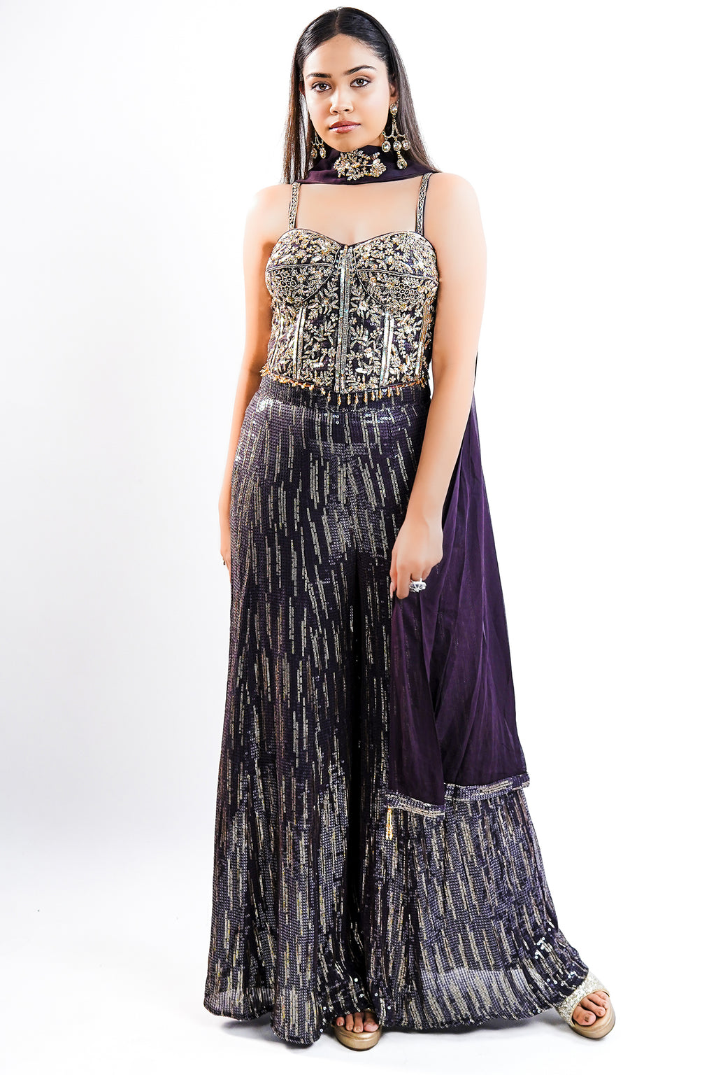 Deep Plum Georgette Fusion Set featuring Handcrafted Cutdana Bustier and Choker-Style Dupatta