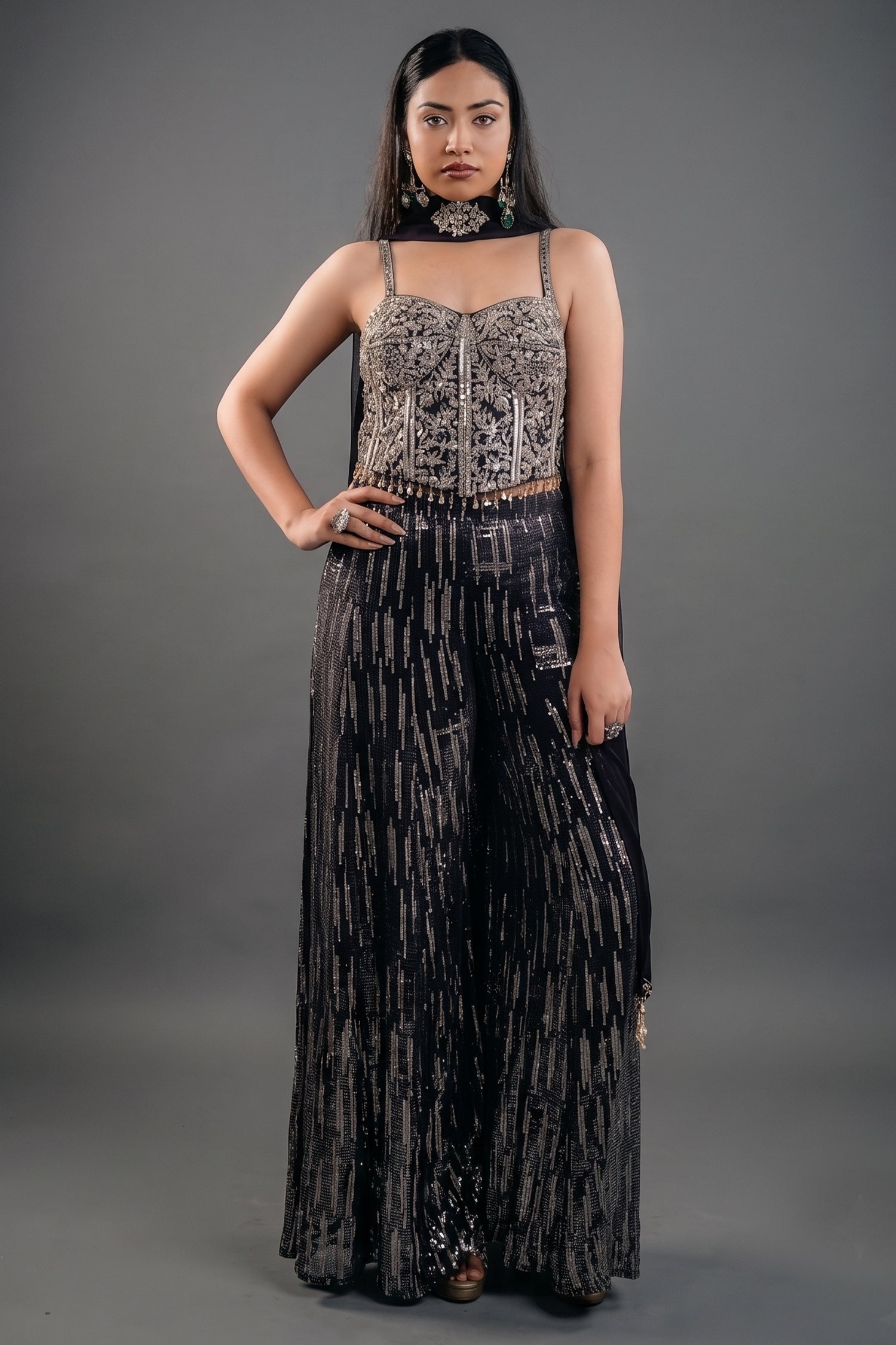Deep Plum Georgette Fusion Set featuring Handcrafted Cutdana Bustier and Choker-Style Dupatta Main image