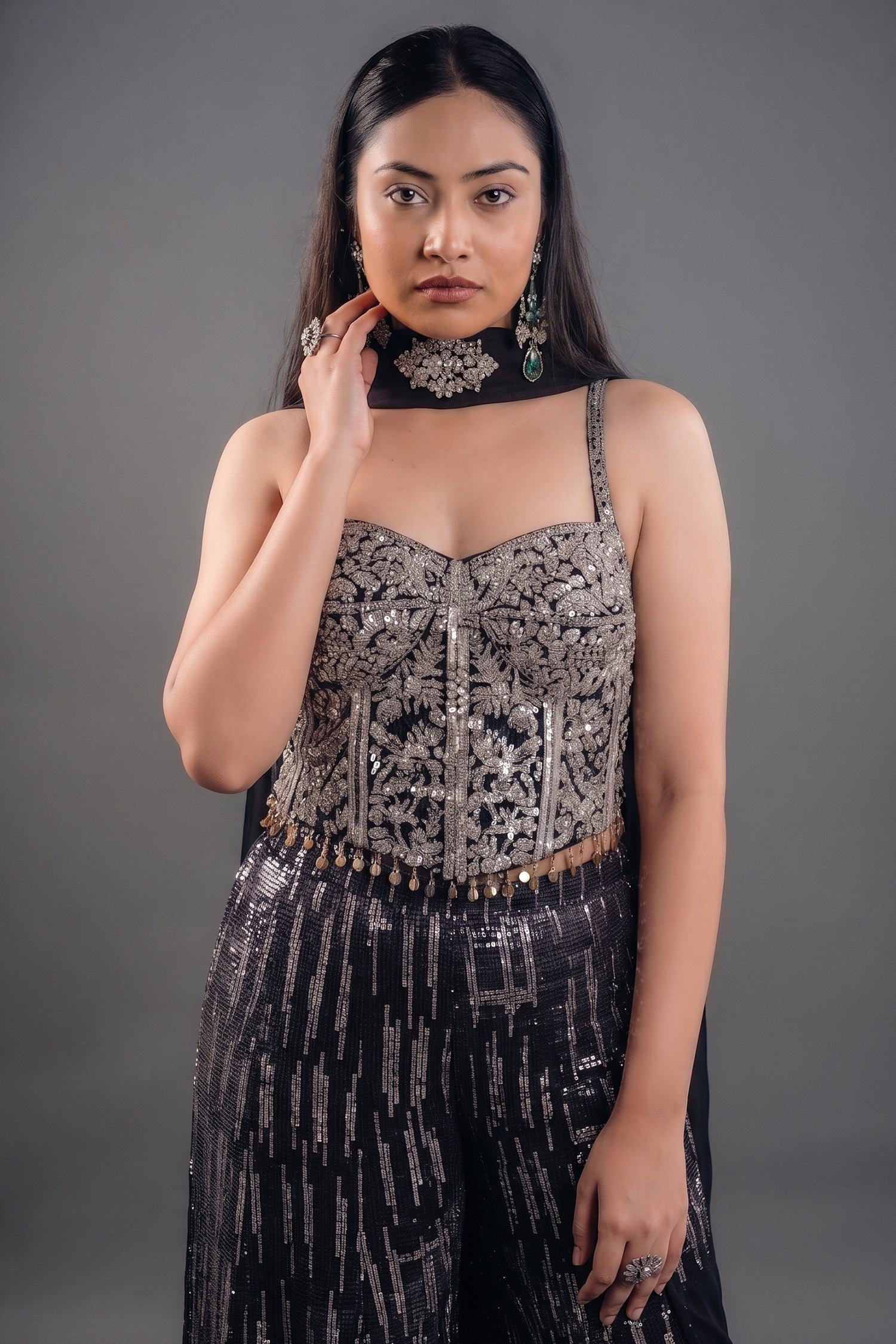 Deep Plum Georgette Fusion Set featuring Handcrafted Cutdana Bustier and Choker-Style Dupatta Secondary image