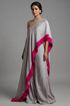 Asymmetrical One-Shoulder Tunic Set in Grey Crepe Silk featuring Pink Tie-Dye Hem and Cutdana Zardosi