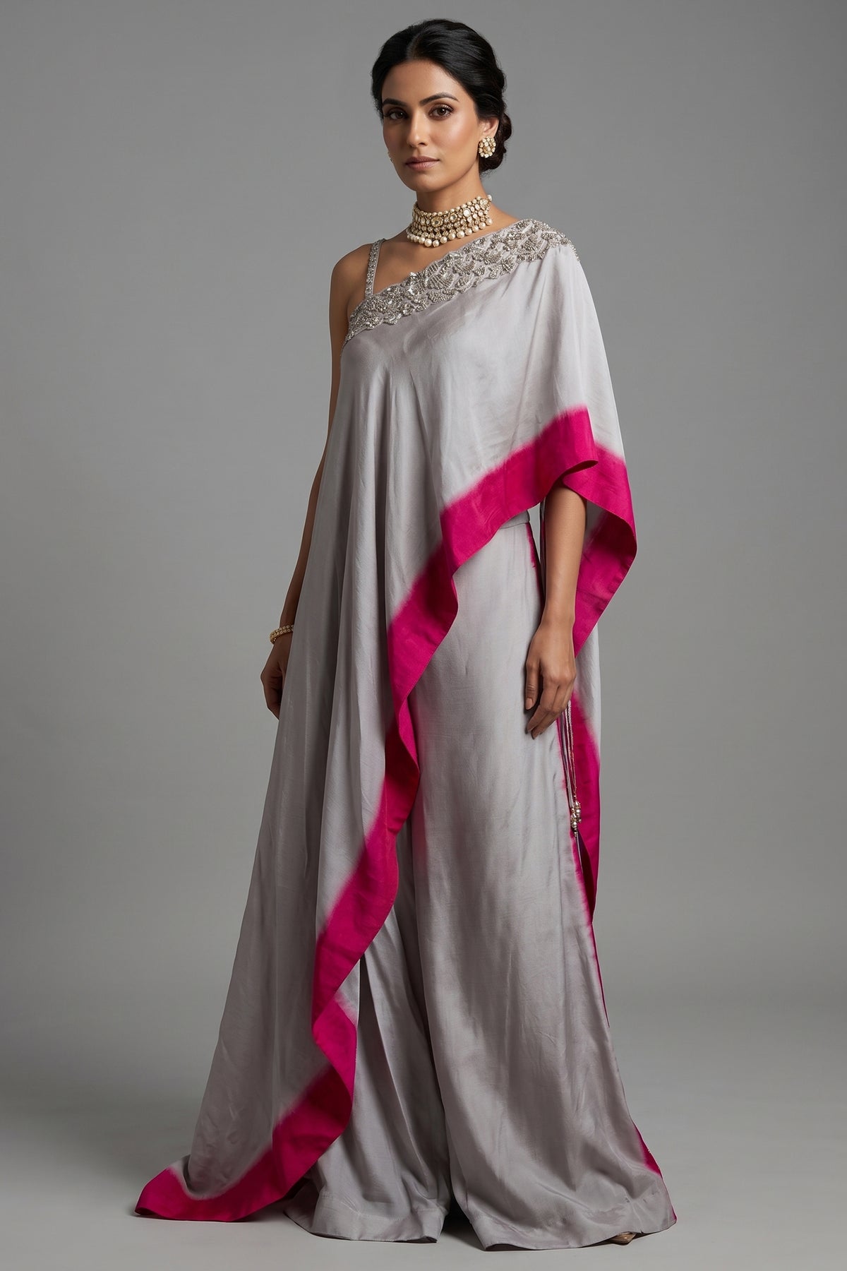 Asymmetrical One-Shoulder Tunic Set in Grey Crepe Silk featuring Pink Tie-Dye Hem and Cutdana Zardosi