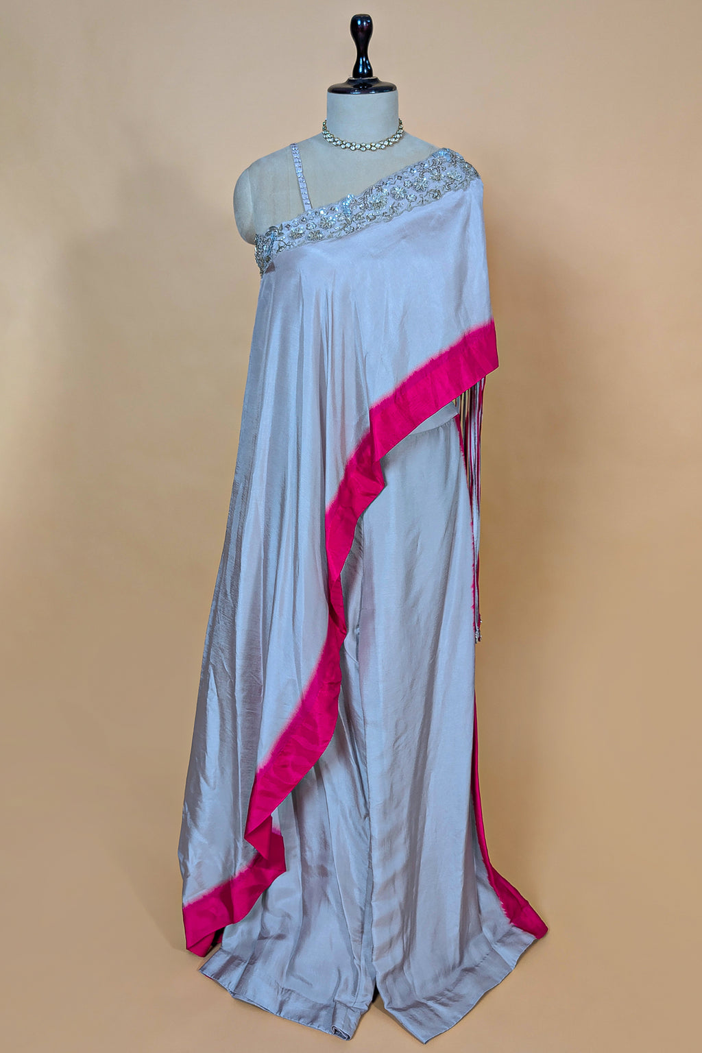 Asymmetrical One-Shoulder Tunic Set in Grey Crepe Silk featuring Pink Tie-Dye Hem and Cutdana Zardosi
