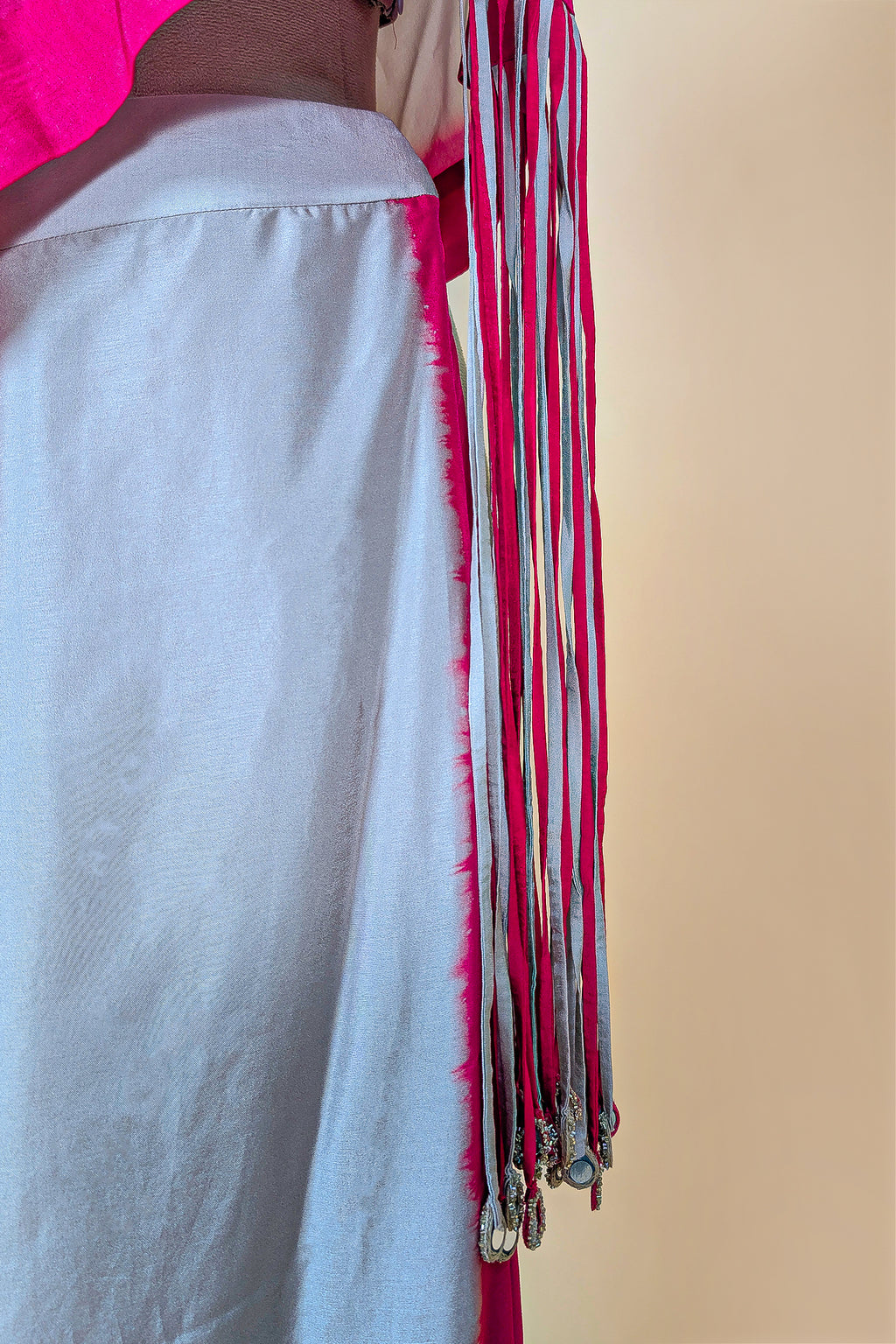 Asymmetrical One-Shoulder Tunic Set in Grey Crepe Silk featuring Pink Tie-Dye Hem and Cutdana Zardosi