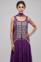 Purple Chinon Bandhej Printed Palazzo Suit with Sequin Embroidery Work