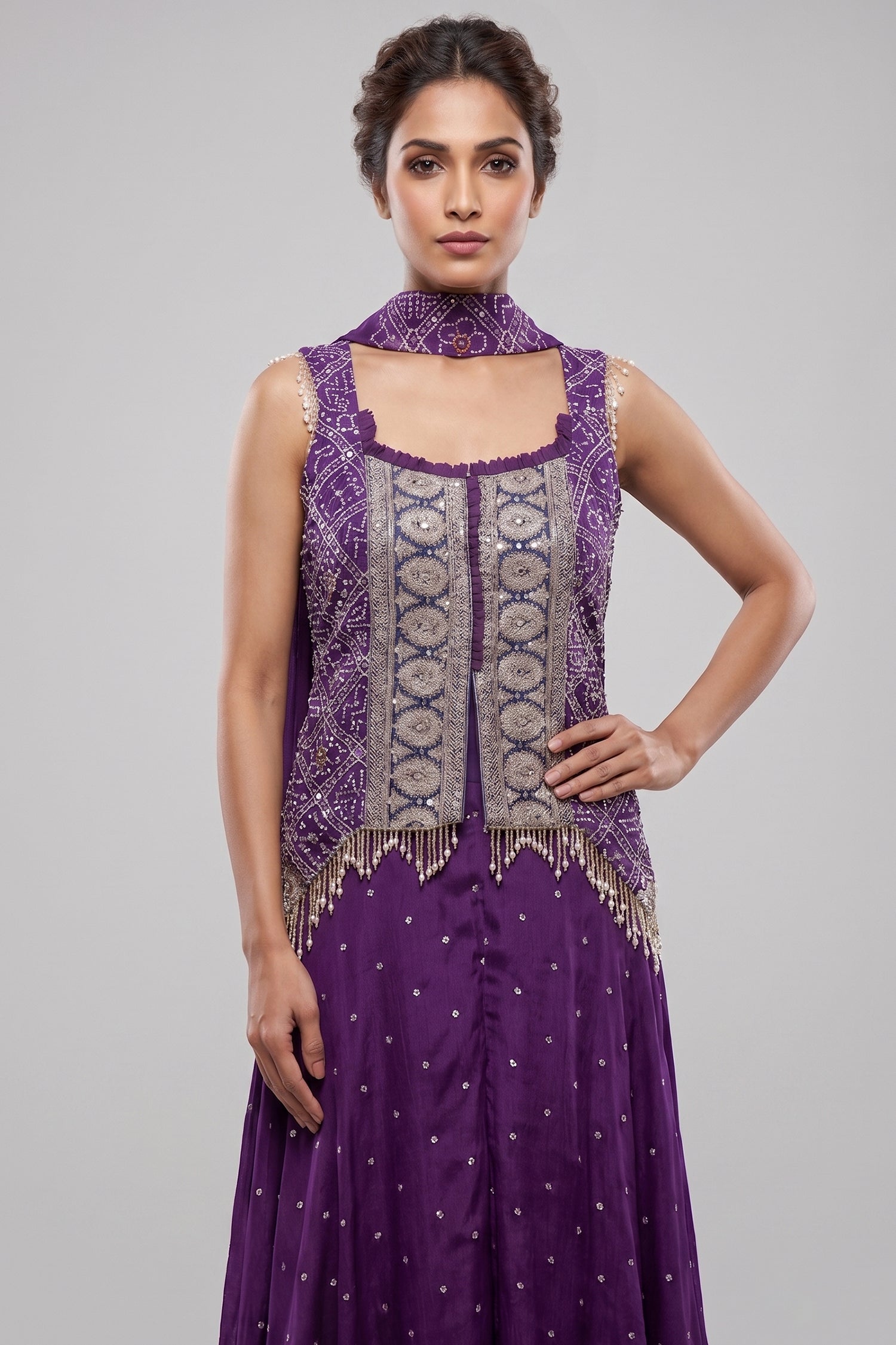 Purple Chinon Bandhej Printed Palazzo Suit with Sequin Embroidery Work
