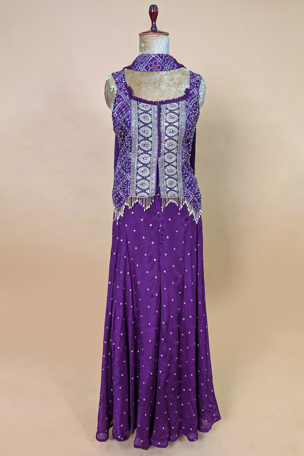 Purple Chinon Bandhej Printed Palazzo Suit with Sequin Embroidery Work