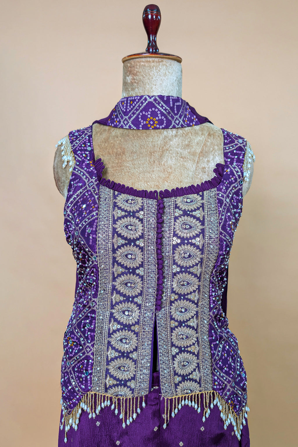 Purple Chinon Bandhej Printed Palazzo Suit with Sequin Embroidery Work