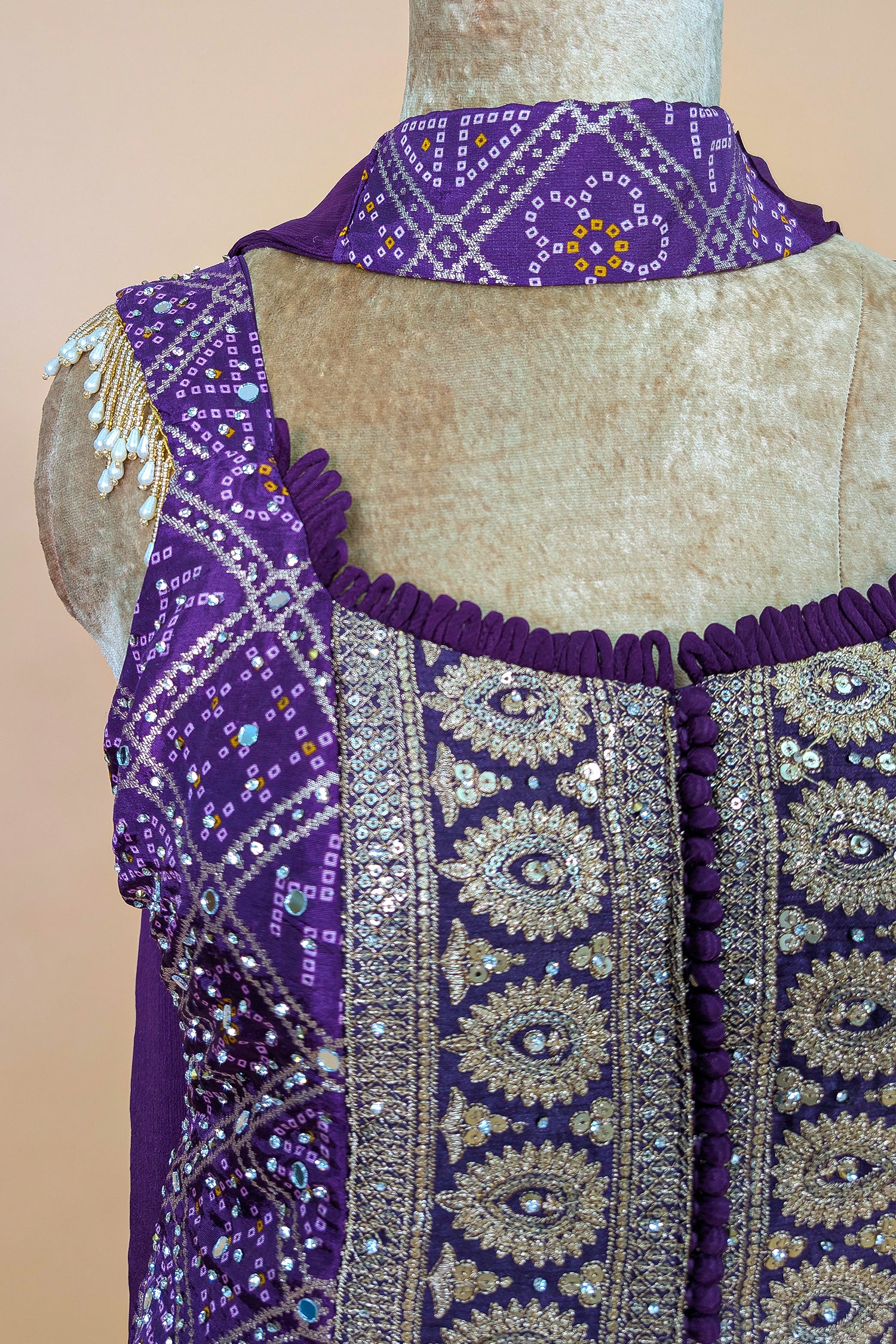 Purple Chinon Bandhej Printed Palazzo Suit with Sequin Embroidery Work