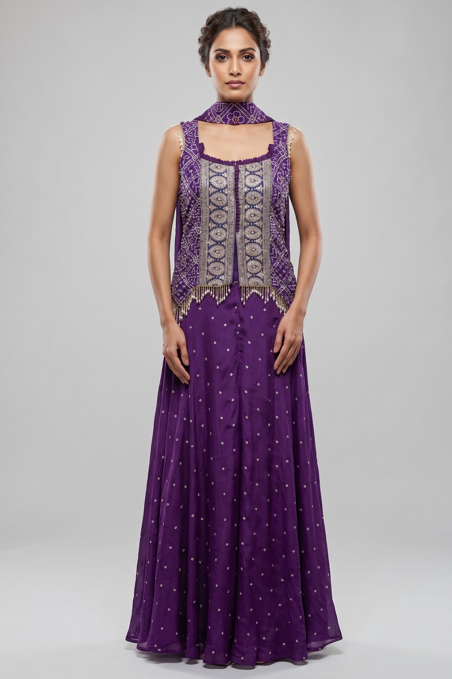 Purple Chinon Bandhej Printed Palazzo Suit with Sequin Embroidery Work Main image