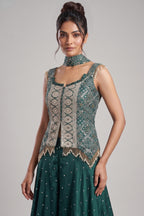 Green Chinon Bandhej Printed Palazzo Suit with Sequin Embroidery Work