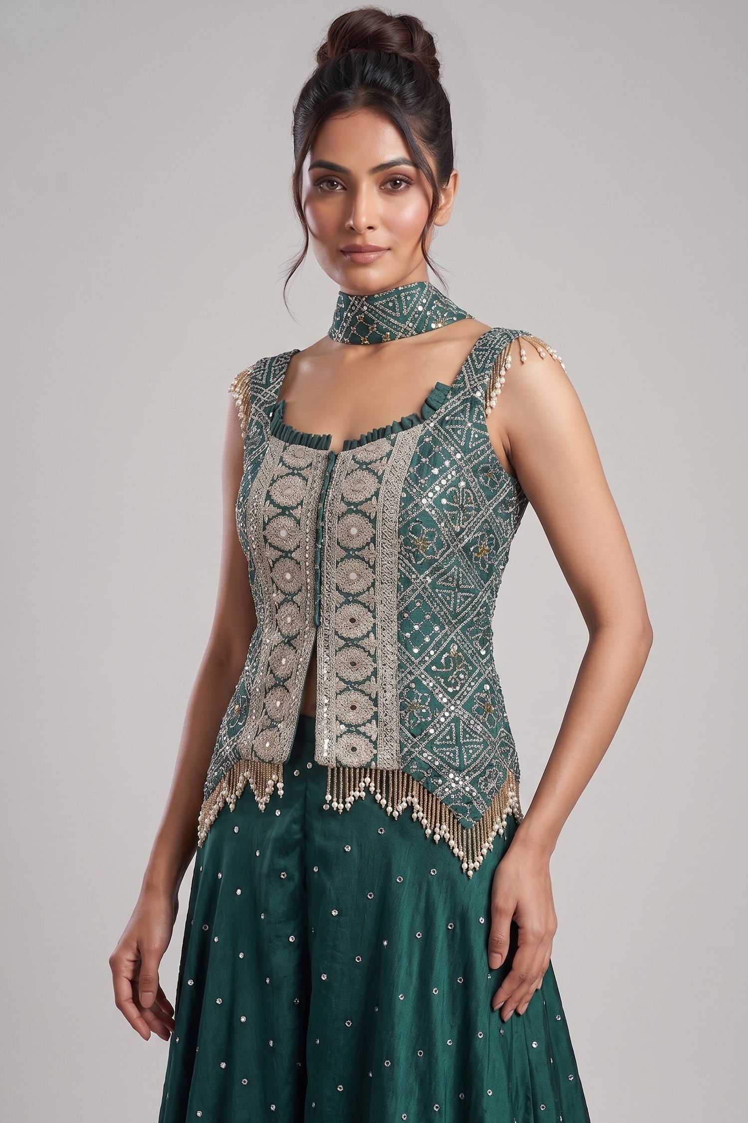 Green Chinon Bandhej Printed Palazzo Suit with Sequin Embroidery Work