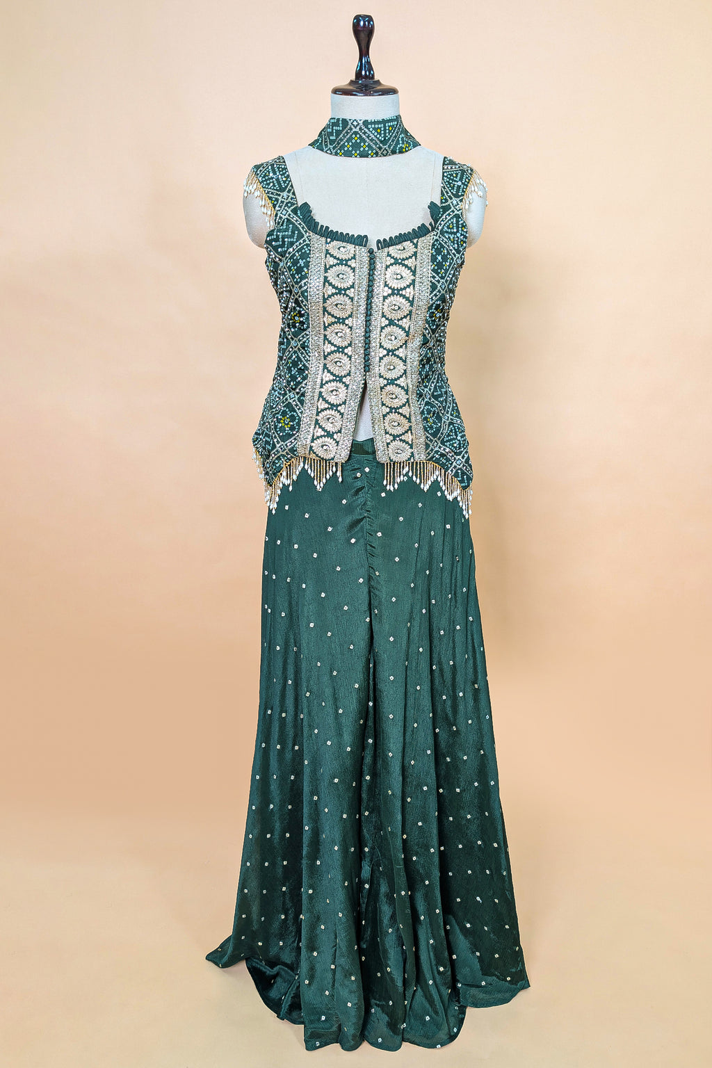 Green Chinon Bandhej Printed Palazzo Suit with Sequin Embroidery Work