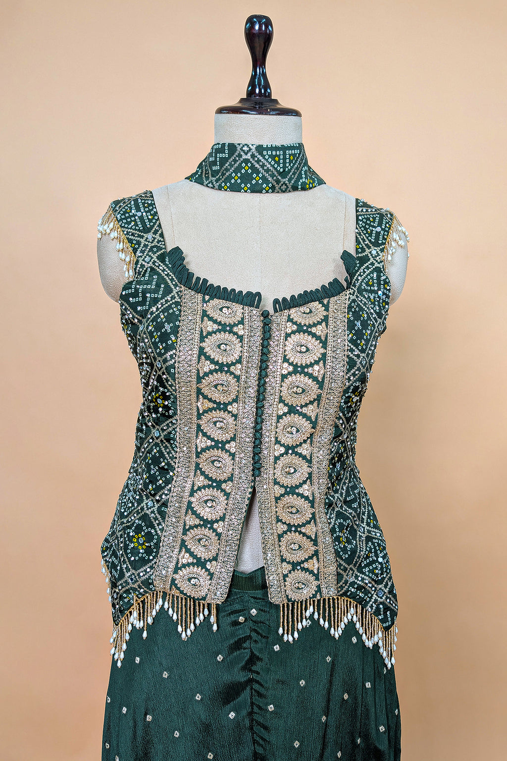 Green Chinon Bandhej Printed Palazzo Suit with Sequin Embroidery Work