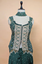 Green Chinon Bandhej Printed Palazzo Suit with Sequin Embroidery Work