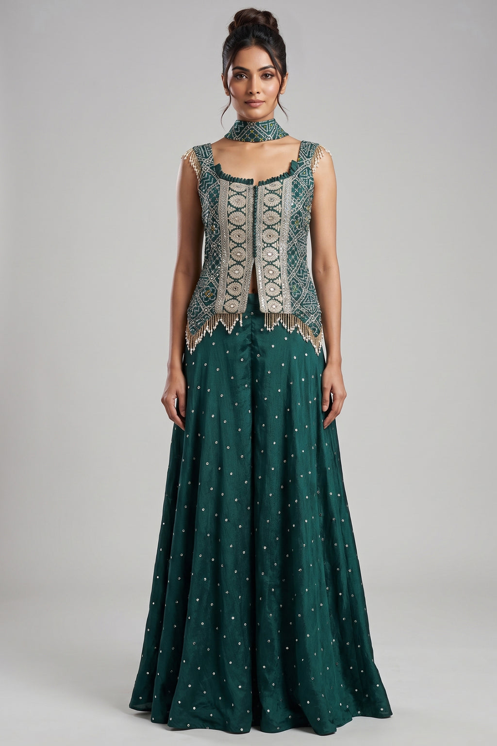 Green Chinon Bandhej Printed Palazzo Suit with Sequin Embroidery Work