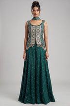 Green Chinon Bandhej Printed Palazzo Suit with Sequin Embroidery Work