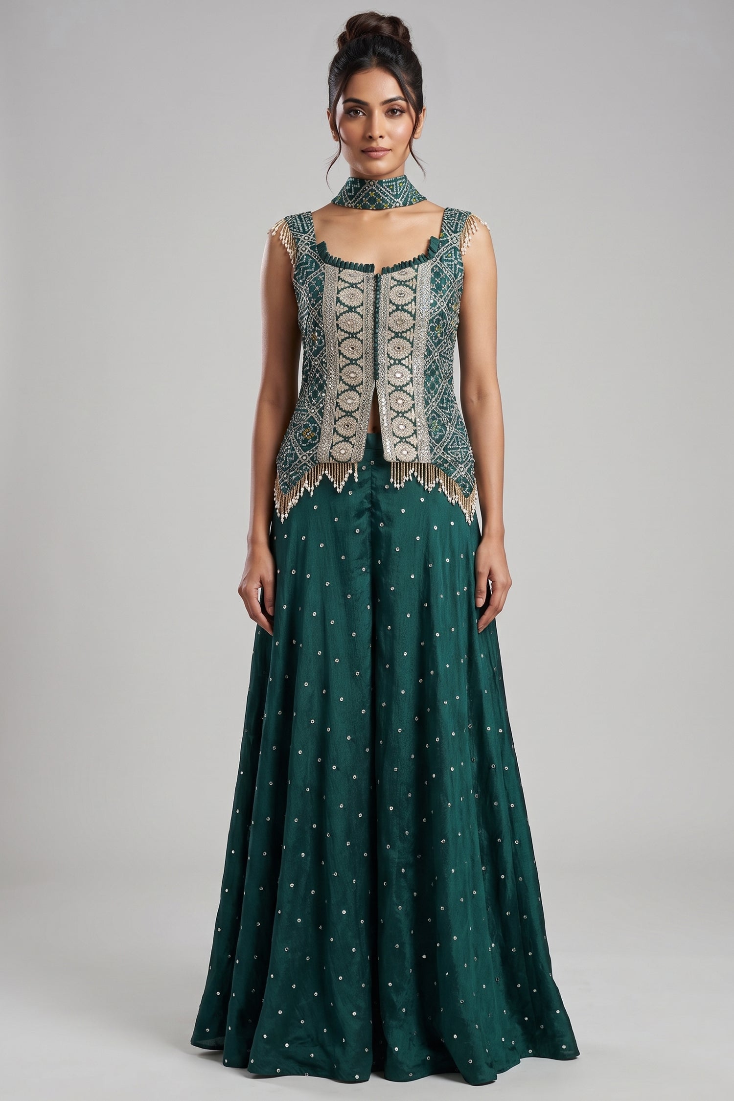 Green Chinon Bandhej Printed Palazzo Suit with Sequin Embroidery Work