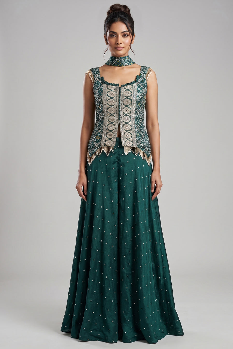 Green Chinon Bandhej Printed Palazzo Suit with Sequin Embroidery Work