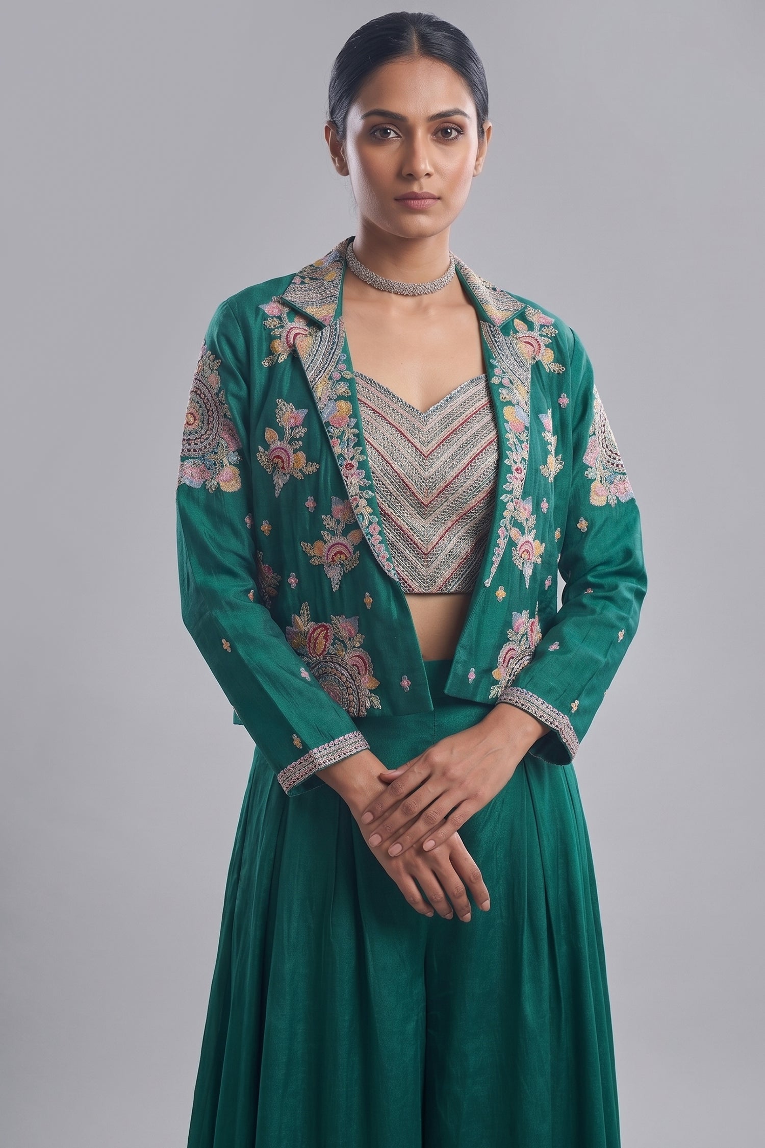 Persian Green Chinon Silk Thread Embroidered Crop Top Palazzo Set with Jacket